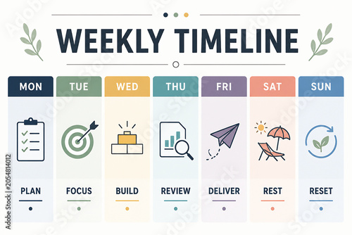 A graphic displays a weekly timeline with days from Monday to Sunday, each labeled with an action like Plan, Focus, Build, Review, Deliver, Rest, and Reset.
