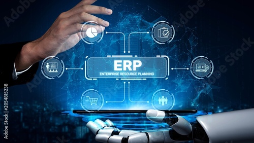 Photos ERP platform visual showing centralized system for enterprise resource planning, improving integration, data flow, business efficiency, finance, inventory, and human resources