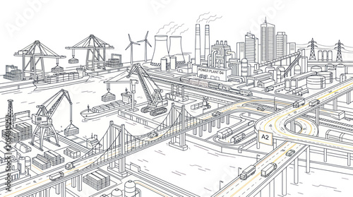 Industrial port city landscape with bridges and power infrastructure