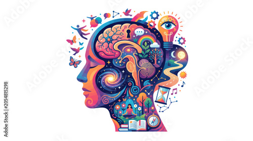 Quadro su tela Abstract human mind profile with symbols of creativity and psychology