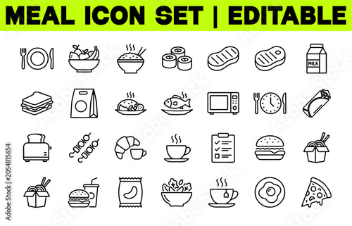Meal Icon Set. Food, Dining, Restaurant and Nutrition Editable Line Vector Illustration Collection