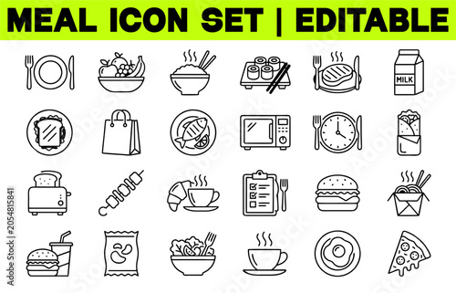 Meal Icon Set. Food, Dining, Restaurant and Nutrition Editable Line Vector Illustration Collection