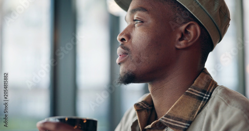 Cuadro en lienzo Black man, coffee and thinking in cafe for memory, drink and relax with inspiration at restaurant
