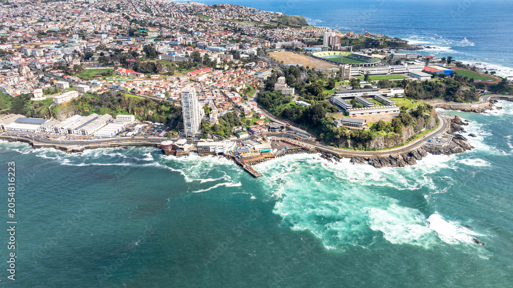 Fototapeta premium Valparaiso, Chile. Aerial view of the beach, harbor, coastline. Aerial view.