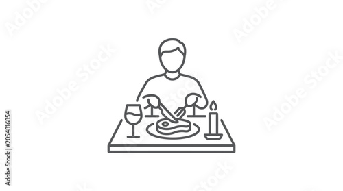 Photos Man dining alone at candlelit table with wine and meal.