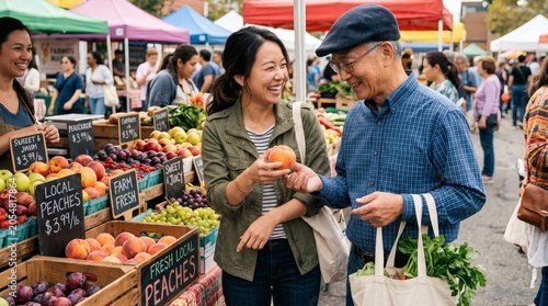 Two smiling people examining fresh produce at a farmers market