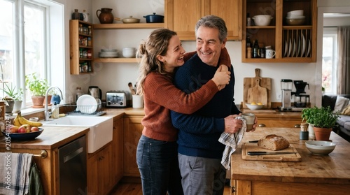 Happy woman hugging a man in a cozy kitchen