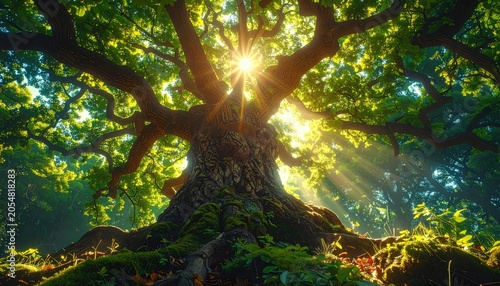 Majestic Ancient Tree Bathed in Golden Sunlight Rays.