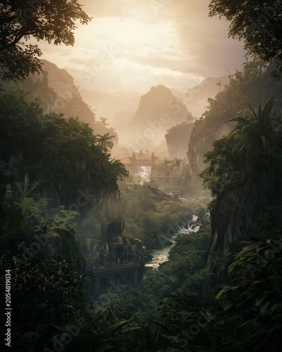 Ancient ruins hidden in lush jungle canyon at sunrise