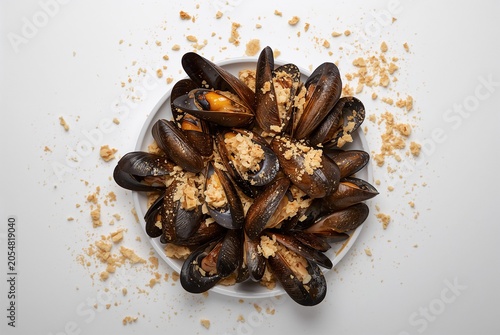 Platter of steamed mussels with breadcrumbs a gourmet appetizer