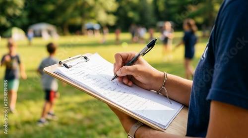 Woman checking a box on a clipboard. Camp counselor supervising children playing outdoors in a park. Scouting or camping activity