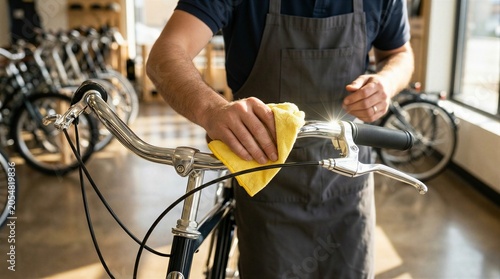 Man in grey apron wiping shiny bicycle handlebar with yellow cloth in a bike shop. Professional mechanic polishing chrome. Bicycle repair service concept