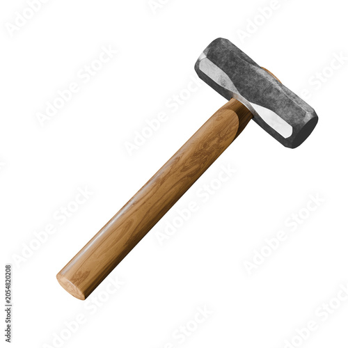 3D render of a heavy metal sledge hammer with a polished wooden handle isolated on a clean white background with subtle studio lighting.