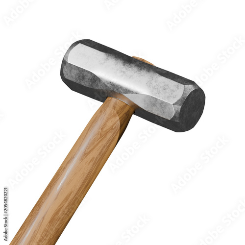 3D realistic render of a heavy metal sledge hammer with a polished wooden handle isolated on a clean white background with subtle studio lighting.