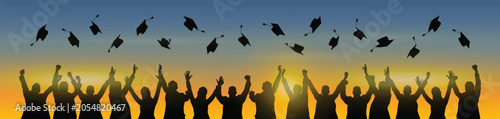 Group of students throwing graduation caps through the air for celebration black silhouette with sunset sky as background vector illustration.