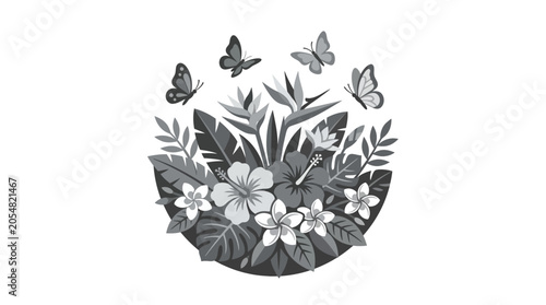 Circular tropical hibiscus flowers and butterflies arrangement.