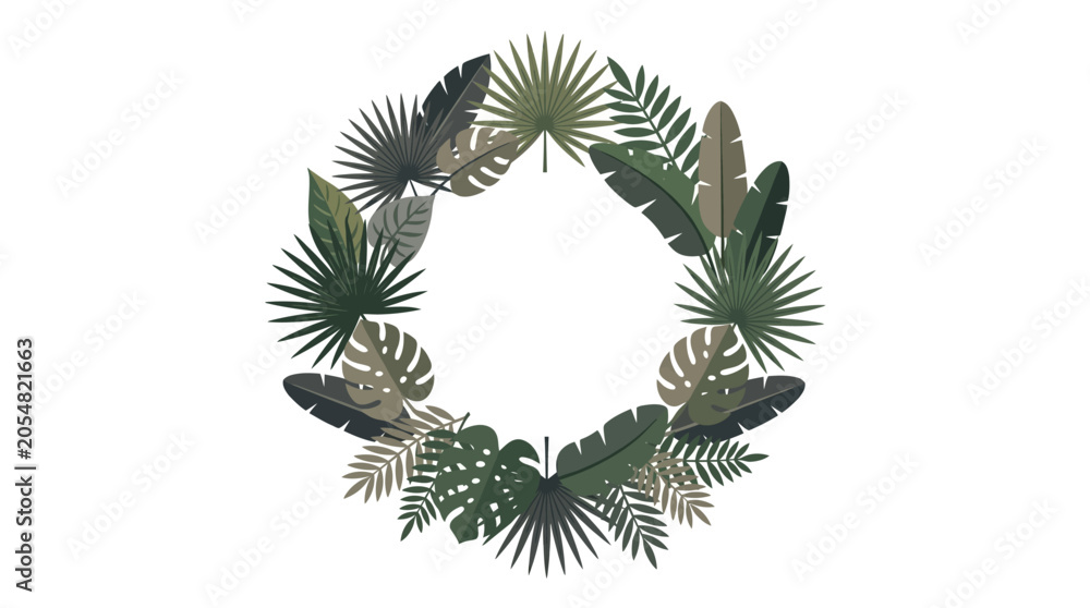 Naklejka premium Tropical palm and monstera leaf circular wreath.
