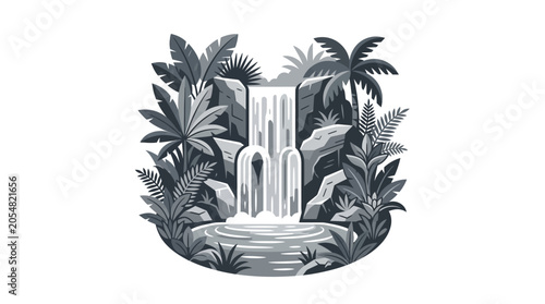 Exotic tropical waterfall landscape in a circular jungle frame.