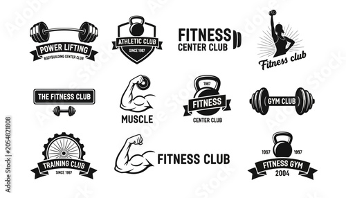 Foto Collection of Monochrome Fitness and Gym Club Emblems Featuring Athletic Equipme