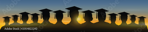 Graduating students wearing cap and gown in graduation day faces portraits front view black silhouettes with sunset sky as background vector illustration.