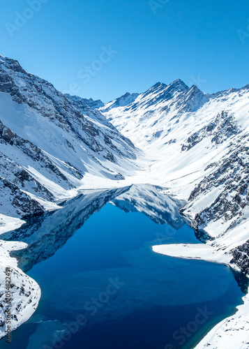 Portillo, ski in chile on a sunny day with lots of snow. South America. Aerial view.