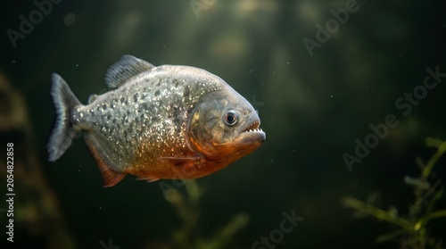 A close up of a single red bellied piranha swimming in dark water.