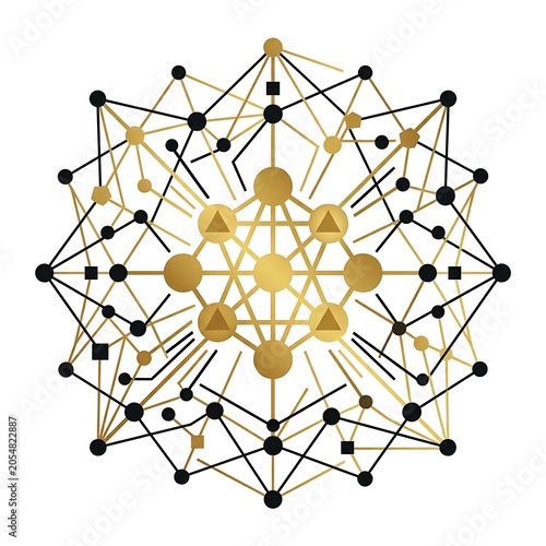 Geometric mandala with gold and black lines and circles.