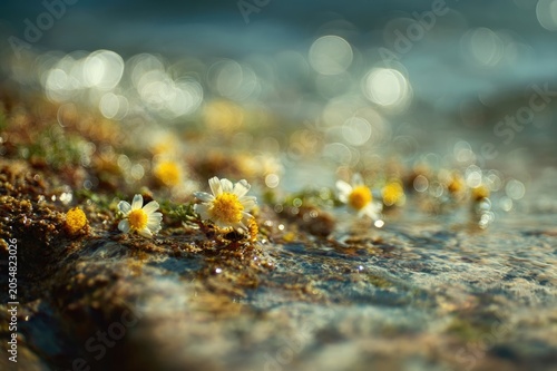 Tidal pool edge with halictid bees on seaside daisy, saline sparkle, wave crash bokeh