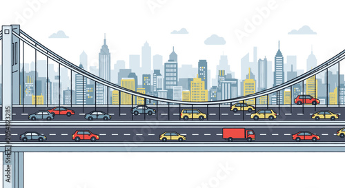 Modern Suspension Bridge with City Skyline and Traffic.