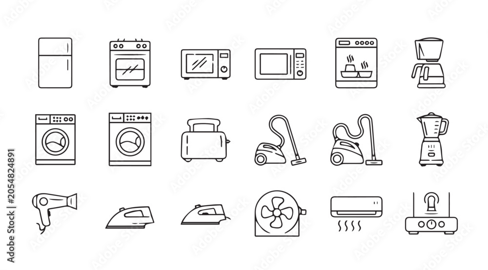 Fototapeta premium Household appliances collection in thin line style on white background