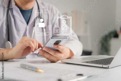 Telemedicine online medical consultation doctor using smartphone patient chat application virtual clinic digital healthcare technology remote treatment ehealth smart application