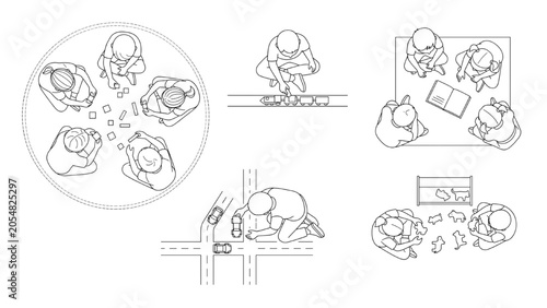 CAD Style Top View Children Figures Vector Set for Architectural Floor Plans Educational Layouts and Design Projects