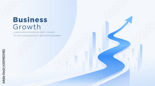 Business growth arrow roadmap vector with blue upward curve and city skyline. Modern corporate presentation background for success, strategy, marketing and expansion