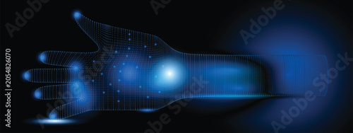 Futuristic Human Hand Wireframe Digital Concept Representing Artificial Intelligence Cybernetics Network Connectivity And Advanced Biotechnology Innovation With Glowing Blue Light Points On Black