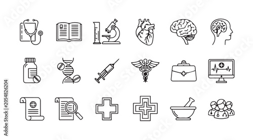 Εκτύπωση καμβά Medical science icons set with stethoscope brain heart and DNA during research o