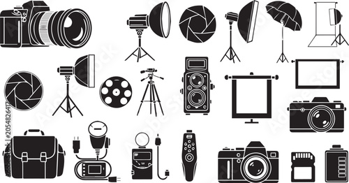 Foto Black and white vector illustration of various photography equipment and accesso