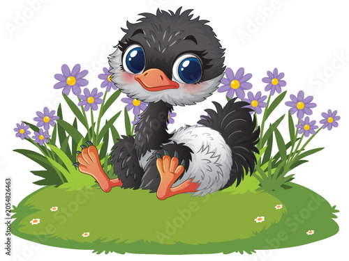 Cute Cartoon Baby Ostrich Sitting in a Field of Purple Flowers