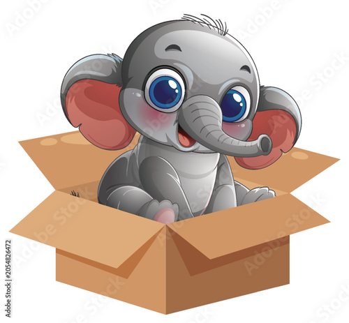 Cute Cartoon Baby Elephant Sitting Inside a Cardboard Box Illustration