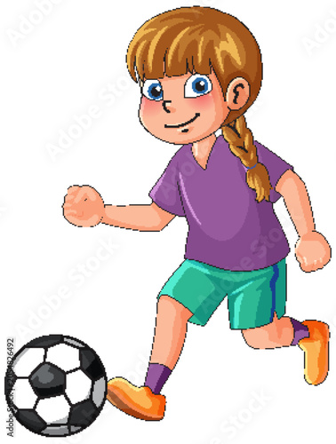 Young girl with braided hair playing soccer and dribbling a ball