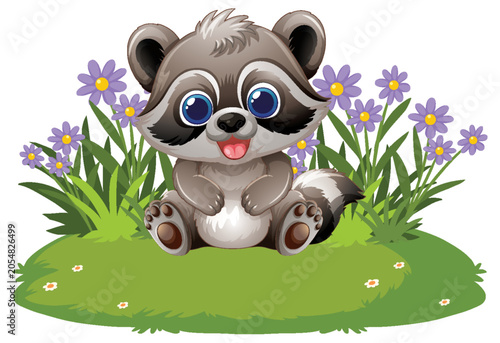 Cute Cartoon Raccoon Sitting in a Field of Purple Flowers