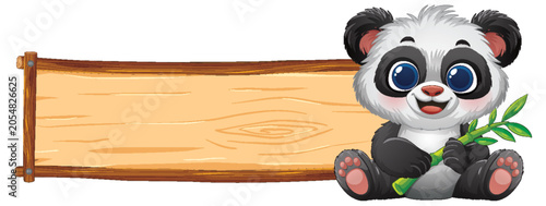 Cute Cartoon Baby Panda Holding Bamboo Next to a Blank Wooden Sign