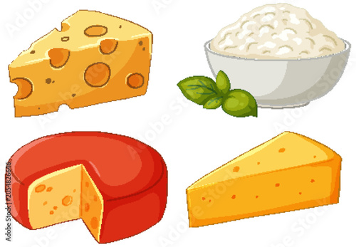 Vector Illustration Set of Various Cheese Types and Cottage Cheese Bowl