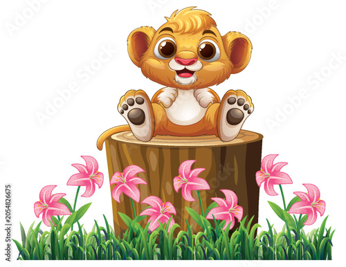 Adorable Baby Lion Cub Sitting on Wood Stump Surrounded by Pink Lilies