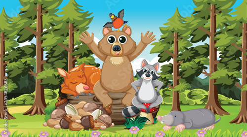 Cartoon Forest Animals Gathering on Sunny Day in Woods