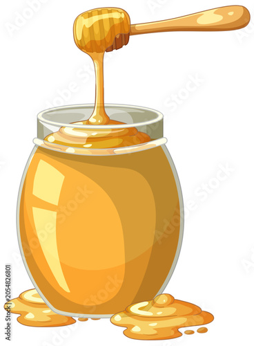 Vector Illustration of a Glass Honey Jar with Wooden Dipper