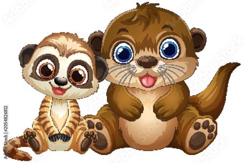 Cute Cartoon Meerkat and Otter Sitting Together on White Background