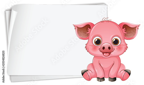 Cute Pink Cartoon Piglet Sitting Next to Blank White Paper