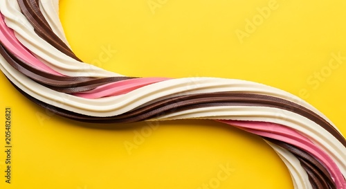 Twisted multicolored stripes against a vibrant yellow background