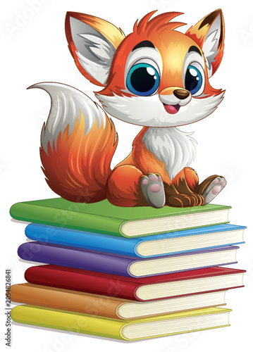Cute Cartoon Baby Fox Sitting on a Stack of Colorful Books