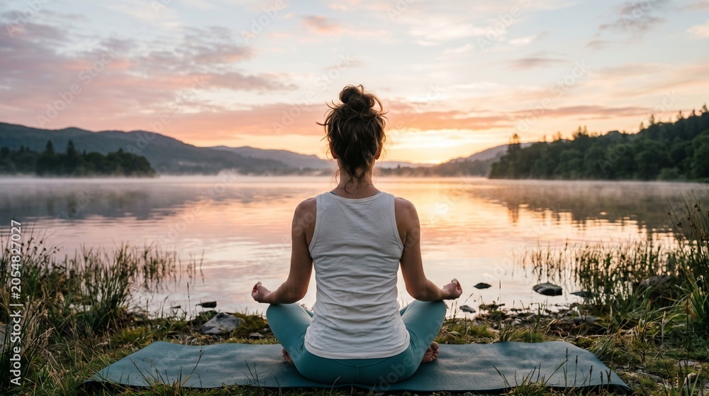Fototapeta premium Young woman practicing yoga and meditating by a peaceful lake at sunrise.